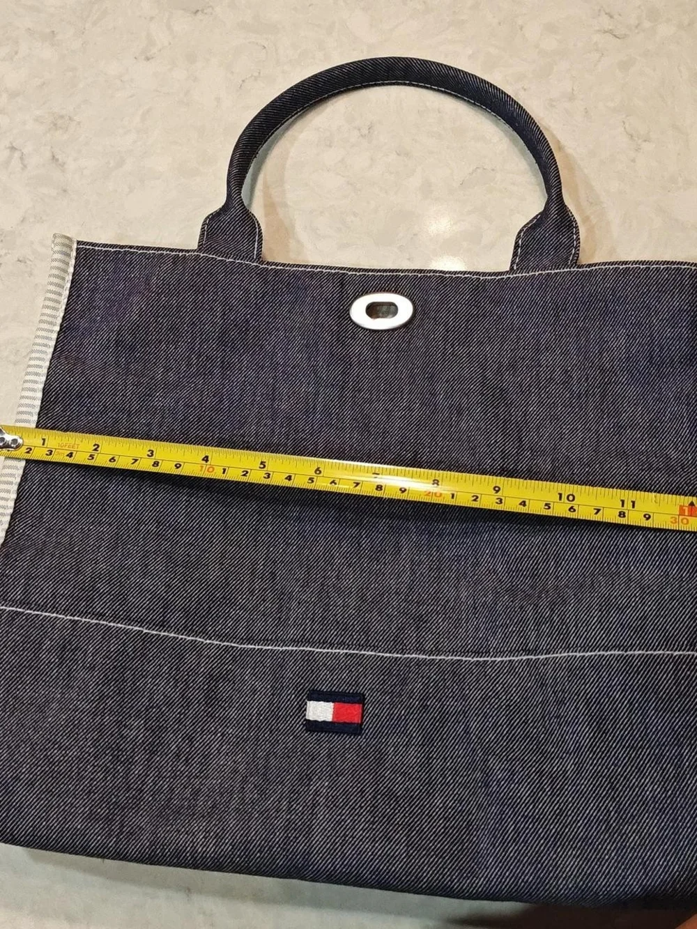 Y2k Tommy Hilfiger Denim Tote with White Trim and Flag Patch
